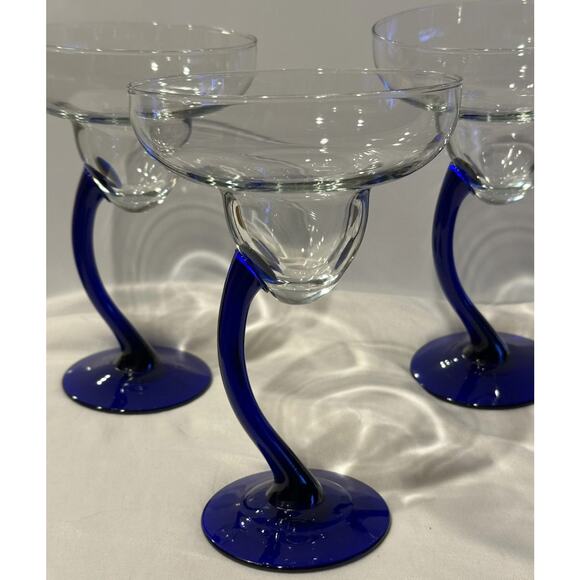 Libbey Bravura Margarita Glasses Set Cobalt Blue Curved Stemware Bar Drink - Picture 3 of 9